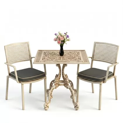 Modern döküm 2 sandalye kare ferforjen masa takımı beyaz eskitme
