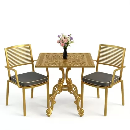 Modern döküm 2 sandalye kare ferforjen masa takımı gold altın