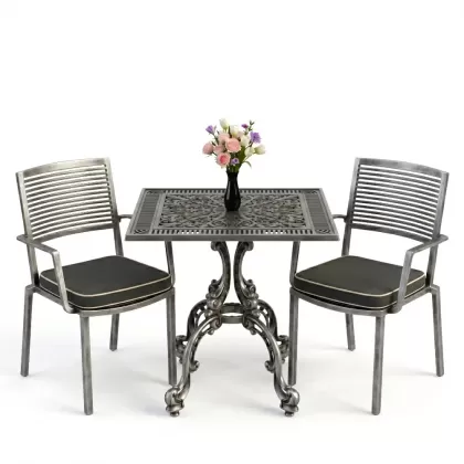 Modern döküm 2 sandalye kare ferforjen masa takımı silver gümüş