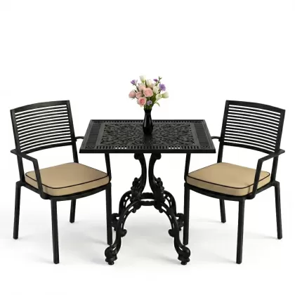 Modern döküm 2 sandalye kare ferforjen masa takımı siyah
