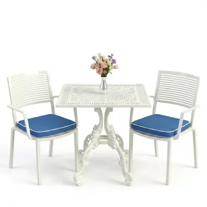 Modern döküm 2 sandalye kare ferforjen masa takımı beyaz