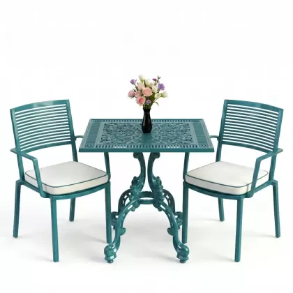 Modern döküm 2 sandalye kare ferforjen masa takımı turkuaz