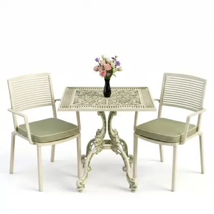 Modern döküm 2 sandalye kare ferforjen masa takımı yeşil beyaz patina