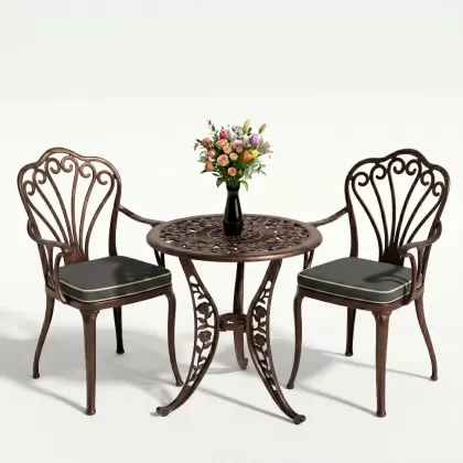 Kollu ferforje döküm 2 tavuskuşu sandalye yuvarlak güllü masa takımı bakır eskitme