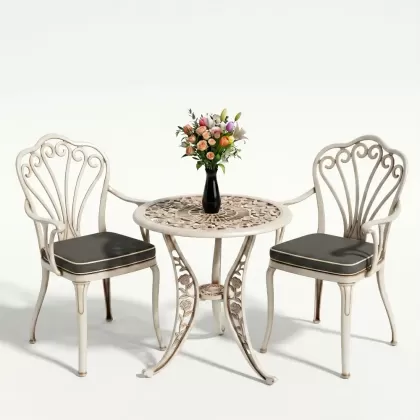 Kollu ferforje döküm 2 tavuskuşu sandalye yuvarlak güllü masa takımı beyaz eskitme