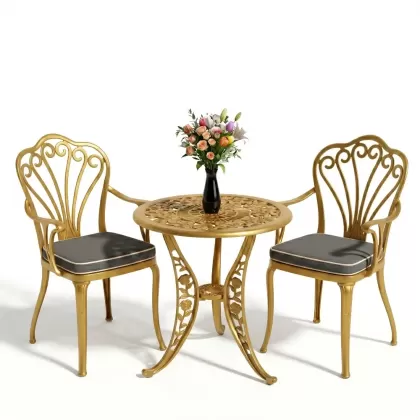 Kollu ferforje döküm 2 tavuskuşu sandalye yuvarlak güllü masa takımı gold altın
