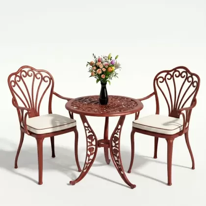 Kollu ferforje döküm 2 tavuskuşu sandalye yuvarlak güllü masa takımı gümüş kırmızı