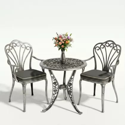Kollu ferforje döküm 2 tavuskuşu sandalye yuvarlak güllü masa takımı silver gümüş