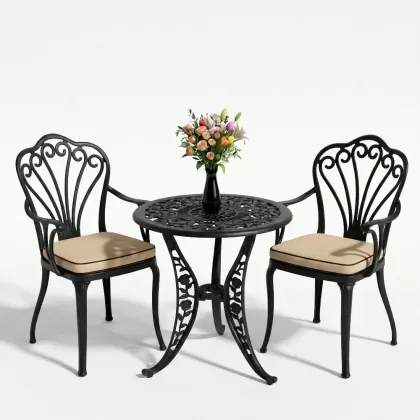 Kollu ferforje döküm 2 tavuskuşu sandalye yuvarlak güllü masa takımı siyah
