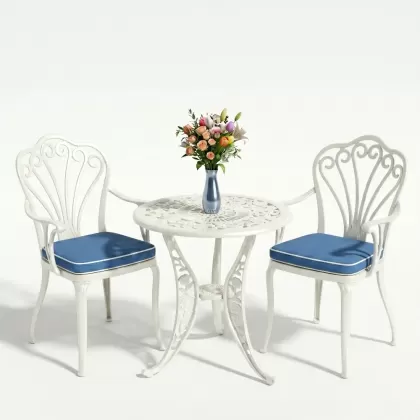 Kollu ferforje döküm 2 tavuskuşu sandalye yuvarlak güllü masa takımı beyaz