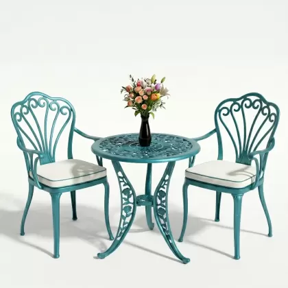 Kollu ferforje döküm 2 tavuskuşu sandalye yuvarlak güllü masa takımı turkuaz