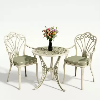 Kollu ferforje döküm 2 tavuskuşu sandalye yuvarlak güllü masa takımı yeşil beyaz patina