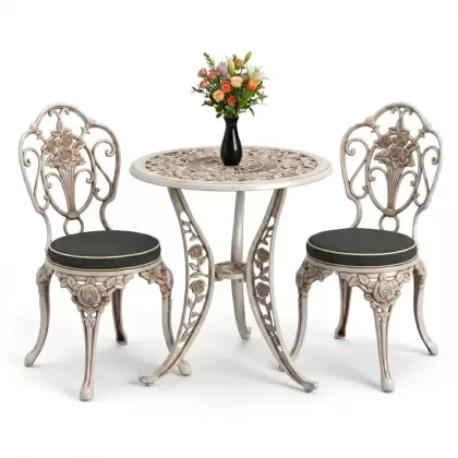 2 güllü kolsuz döküm sandalye yuvarlak ferforje masa takımı beyaz eskitme