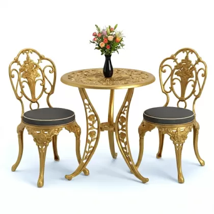 2 güllü kolsuz döküm sandalye yuvarlak ferforje masa takımı gold altın