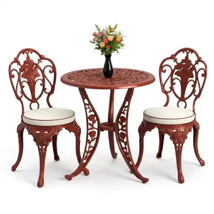 2 güllü kolsuz döküm sandalye yuvarlak ferforje masa takımı kırmızı kiremit rengi