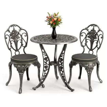 2 güllü kolsuz döküm sandalye yuvarlak ferforje masa takımı silver gümüş