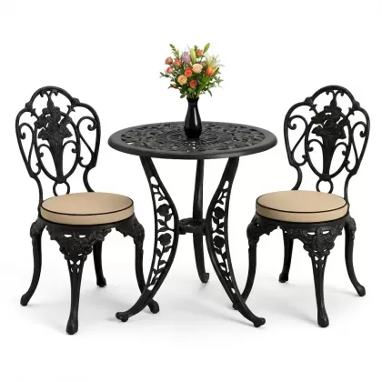 2 güllü kolsuz döküm sandalye yuvarlak ferforje masa takımı siyah