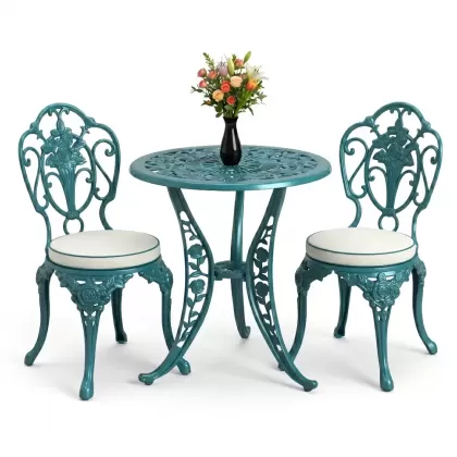 2 güllü kolsuz döküm sandalye yuvarlak ferforje masa takımı turkuaz