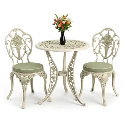 2 güllü kolsuz döküm sandalye yuvarlak ferforje masa takımı beyaz yeşil patina
