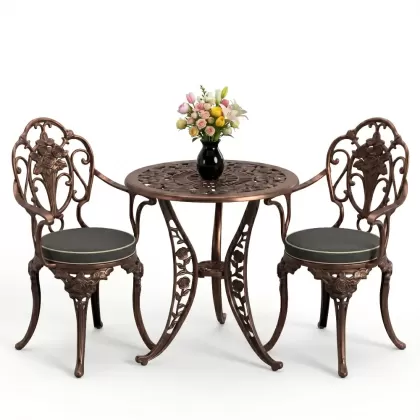 Kollu gül motifli 2 sandalye yuvarlak alüminyum döküm masa seti bakır eskitme