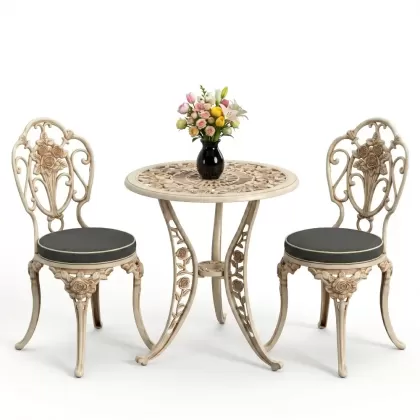 Kollu gül motifli 2 sandalye yuvarlak alüminyum döküm masa seti beyaz eskitme