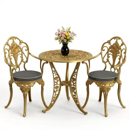 Kollu gül motifli 2 sandalye yuvarlak alüminyum döküm masa seti gold altın
