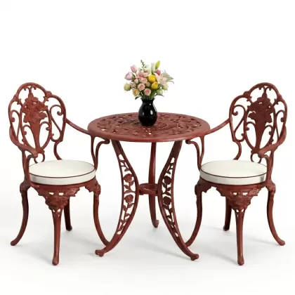 Kollu gül motifli 2 sandalye yuvarlak alüminyum döküm masa seti kiremit kırmızı
