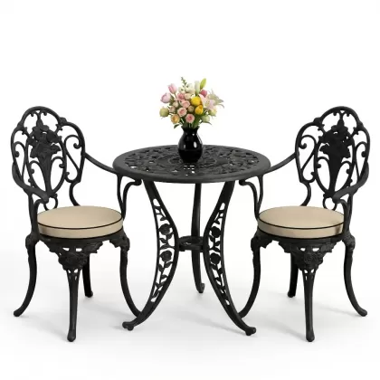 Kollu gül motifli 2 sandalye yuvarlak alüminyum döküm masa seti siyah