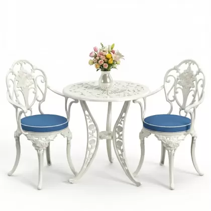 Kollu gül motifli 2 sandalye yuvarlak alüminyum döküm masa seti beyaz