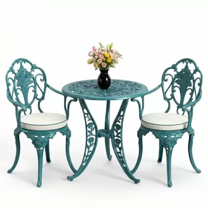 Kollu gül motifli 2 sandalye yuvarlak alüminyum döküm masa seti turkuaz