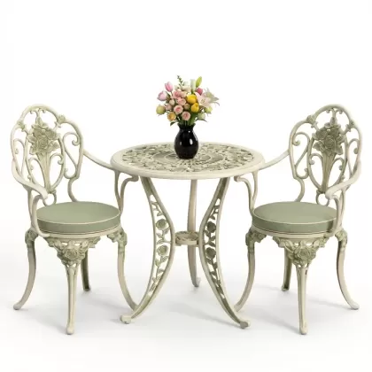 Kollu gül motifli 2 sandalye yuvarlak alüminyum döküm masa seti beyaz yeşil patina