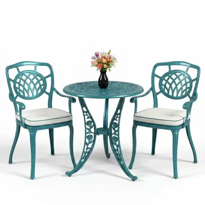 Ay motifli 2 alüminyum döküm sandalye ferforje mata takımı turkuaz