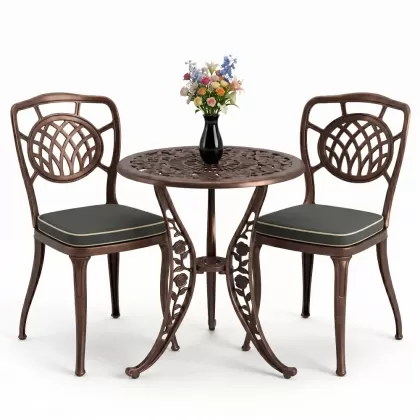 Ay desenli alüminyum döküm 2 sandalye ferforje gül desenli yuvarlak masa takımı bakır eskitme
