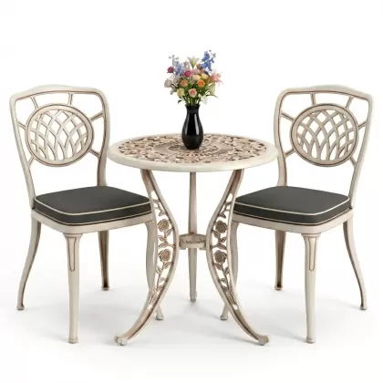 Ay desenli alüminyum döküm 2 sandalye ferforje gül desenli yuvarlak masa takımı beyaz eskitme