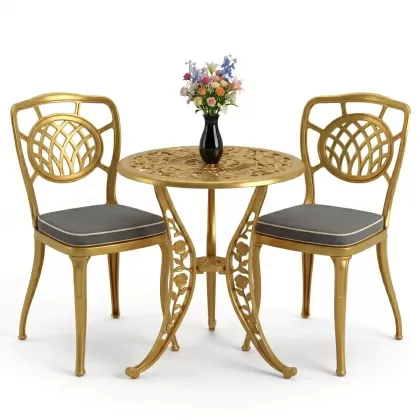 Ay desenli alüminyum döküm 2 sandalye ferforje gül desenli yuvarlak masa takımı gold altın