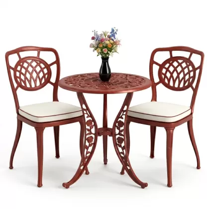 Ay desenli alüminyum döküm 2 sandalye ferforje gül desenli yuvarlak masa takımı kiremit kırmızı