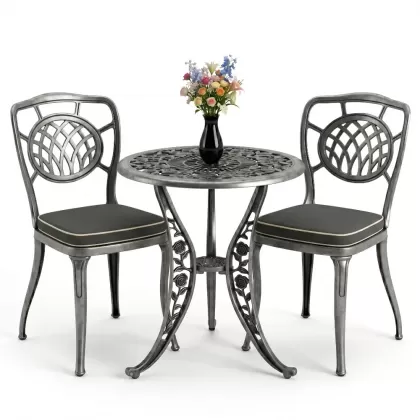 Ay desenli alüminyum döküm 2 sandalye ferforje gül desenli yuvarlak masa takımı silver gümüş