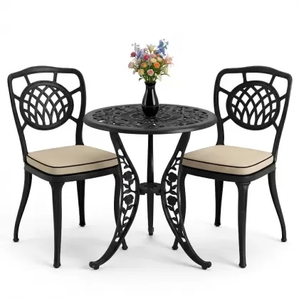 Ay desenli alüminyum döküm 2 sandalye ferforje gül desenli yuvarlak masa takımı siyah