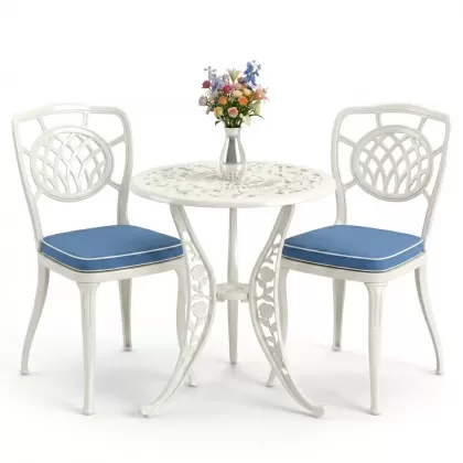 Ay desenli alüminyum döküm 2 sandalye ferforje gül desenli yuvarlak masa takımı beyaz