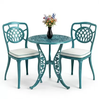 Ay desenli alüminyum döküm 2 sandalye ferforje gül desenli yuvarlak masa takımı turkuaz