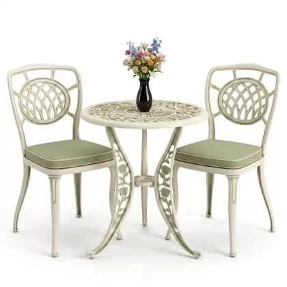 Ay desenli alüminyum döküm 2 sandalye ferforje gül desenli yuvarlak masa takımı beyaz yeşil patina