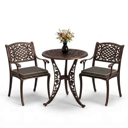 Geniş alüminyum döküm sandalye 2 koltuk ferforje gül yuvarlak masa takımı bakır eskitme