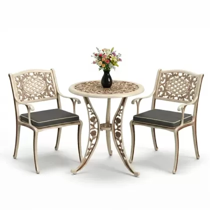 Geniş alüminyum döküm sandalye 2 koltuk ferforje gül yuvarlak masa takımı beyaz eskitme