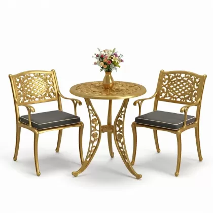 Geniş alüminyum döküm sandalye 2 koltuk ferforje gül yuvarlak masa takımı gold altın