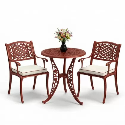 Geniş alüminyum döküm sandalye 2 koltuk ferforje gül yuvarlak masa takımı kırmızı kiremit