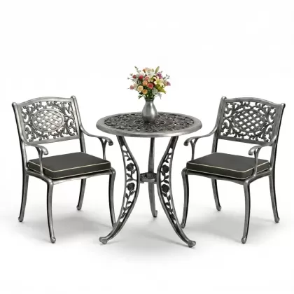 Geniş alüminyum döküm sandalye 2 koltuk ferforje gül yuvarlak masa takımı silver gümüş