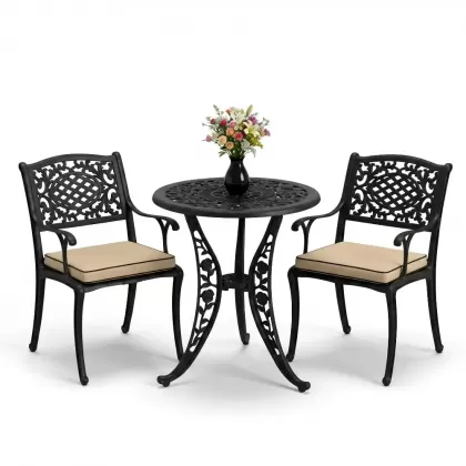 Geniş alüminyum döküm sandalye 2 koltuk ferforje gül yuvarlak masa takımı siyah