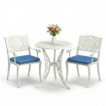 Geniş alüminyum döküm sandalye 2 koltuk ferforje gül yuvarlak masa takımı beyaz