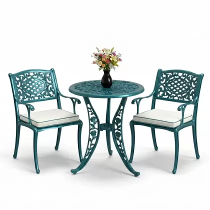 Geniş alüminyum döküm sandalye 2 koltuk ferforje gül yuvarlak masa takımı turkuaz