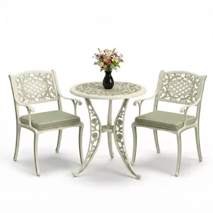 Yeşil beyaz patina Geniş alüminyum döküm sandalye 2 koltuk ferforje gül yuvarlak masa takımı 
